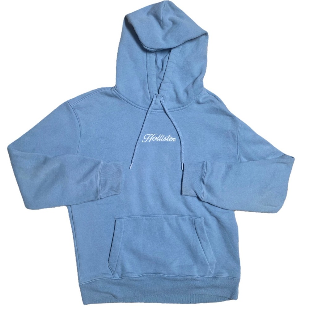 Hollister Men's Light Blue Pullover Hoodie Sweatshirt Script Logo Size S‎